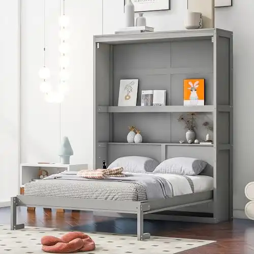 Merax Full Size Wood Modern Murphy Wall Bed with Shelves